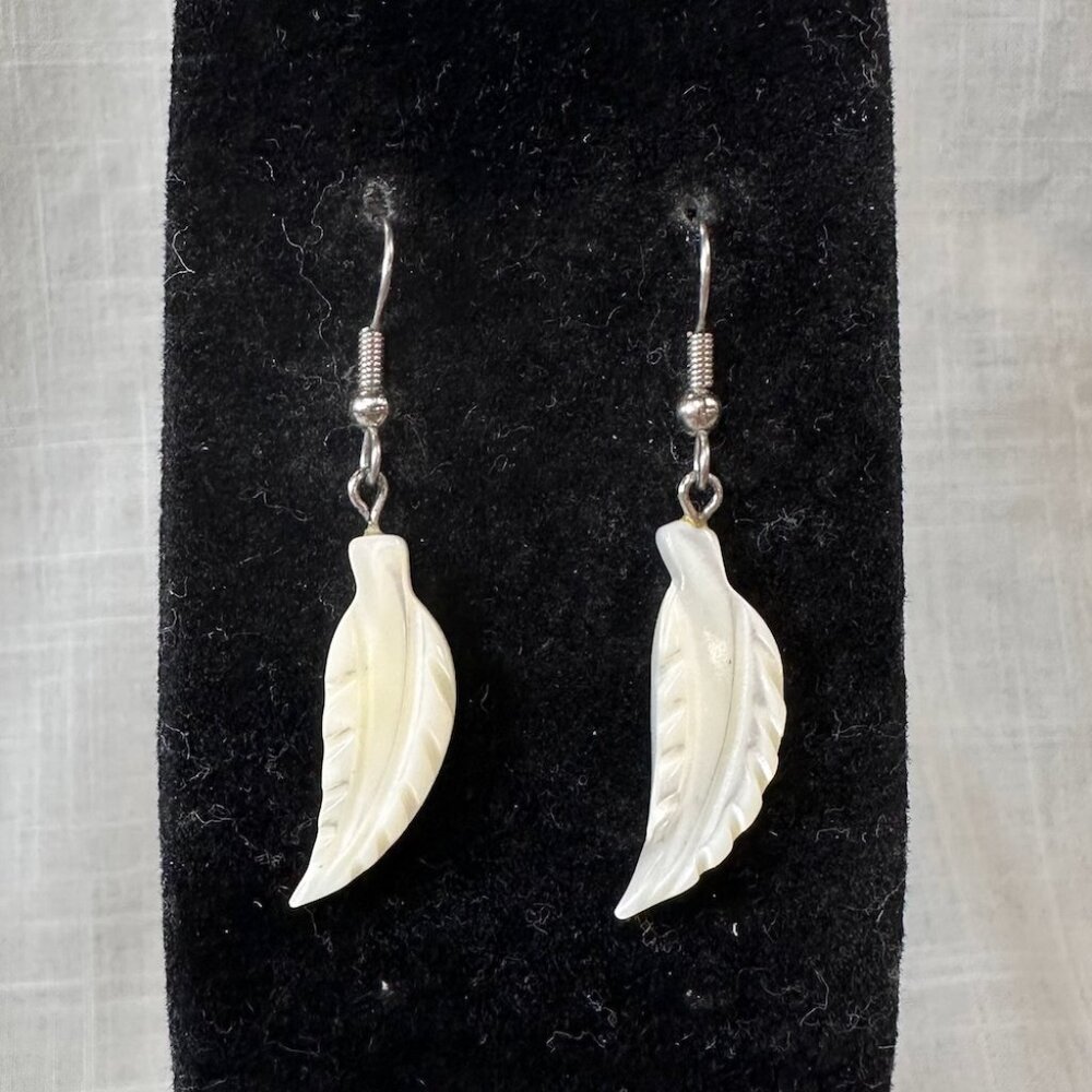 Vintage Carved Mother of Pearl Feather Dangle Earrings